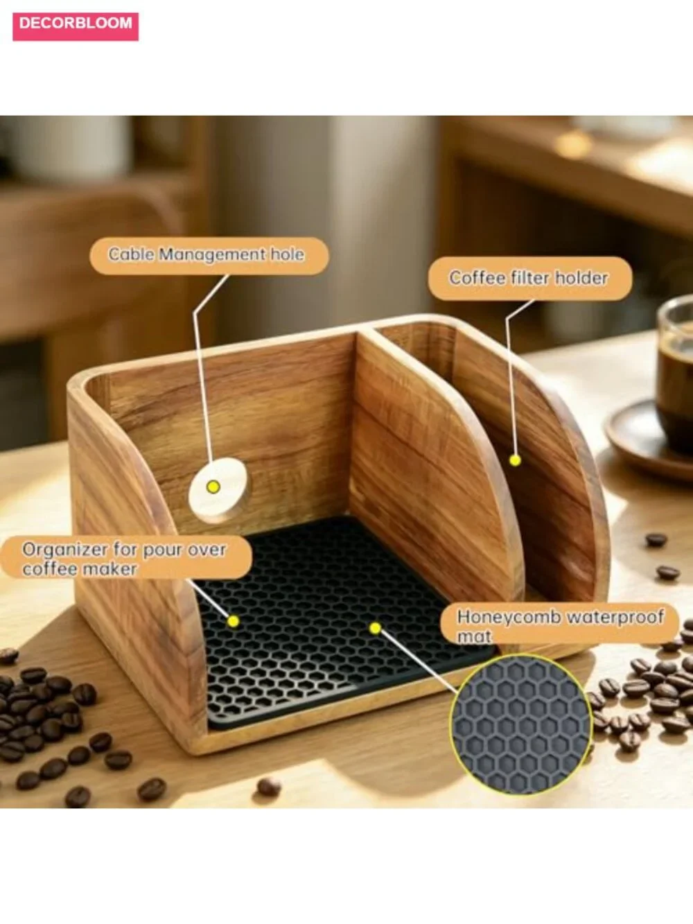 Acacia Wood Coffee Caddy Station Organizer for Chemex Pour Over Maker